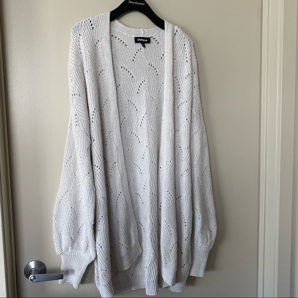 Express | White Stone Open Knit Duster Open Front Ballon Sleeve Cardigan, XL